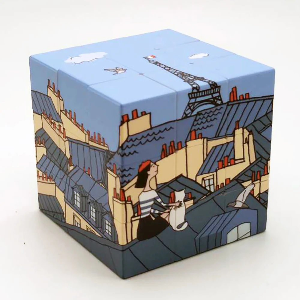 Birdie cube illustrated with Paris rooftops under a blue sky.