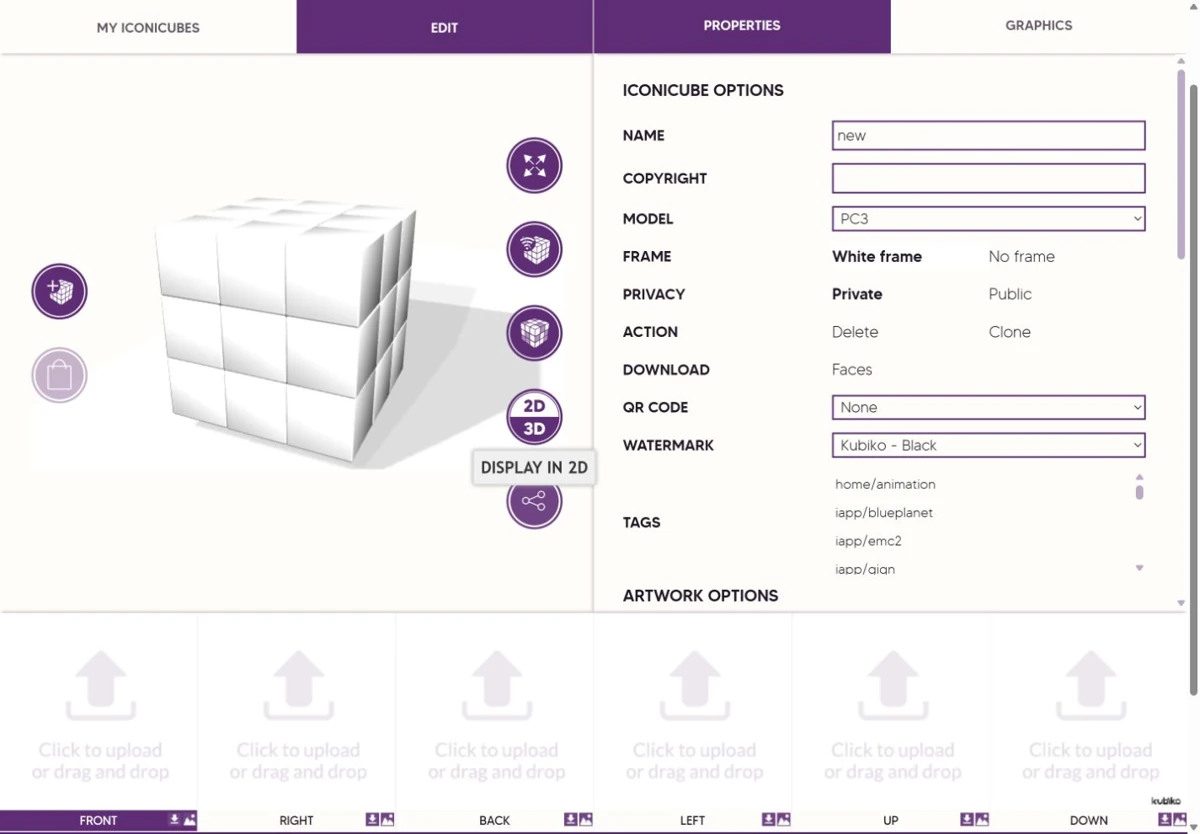 Le Designer KUBIKO : cube en 3D, propriétés et emplacements pour les six faces.