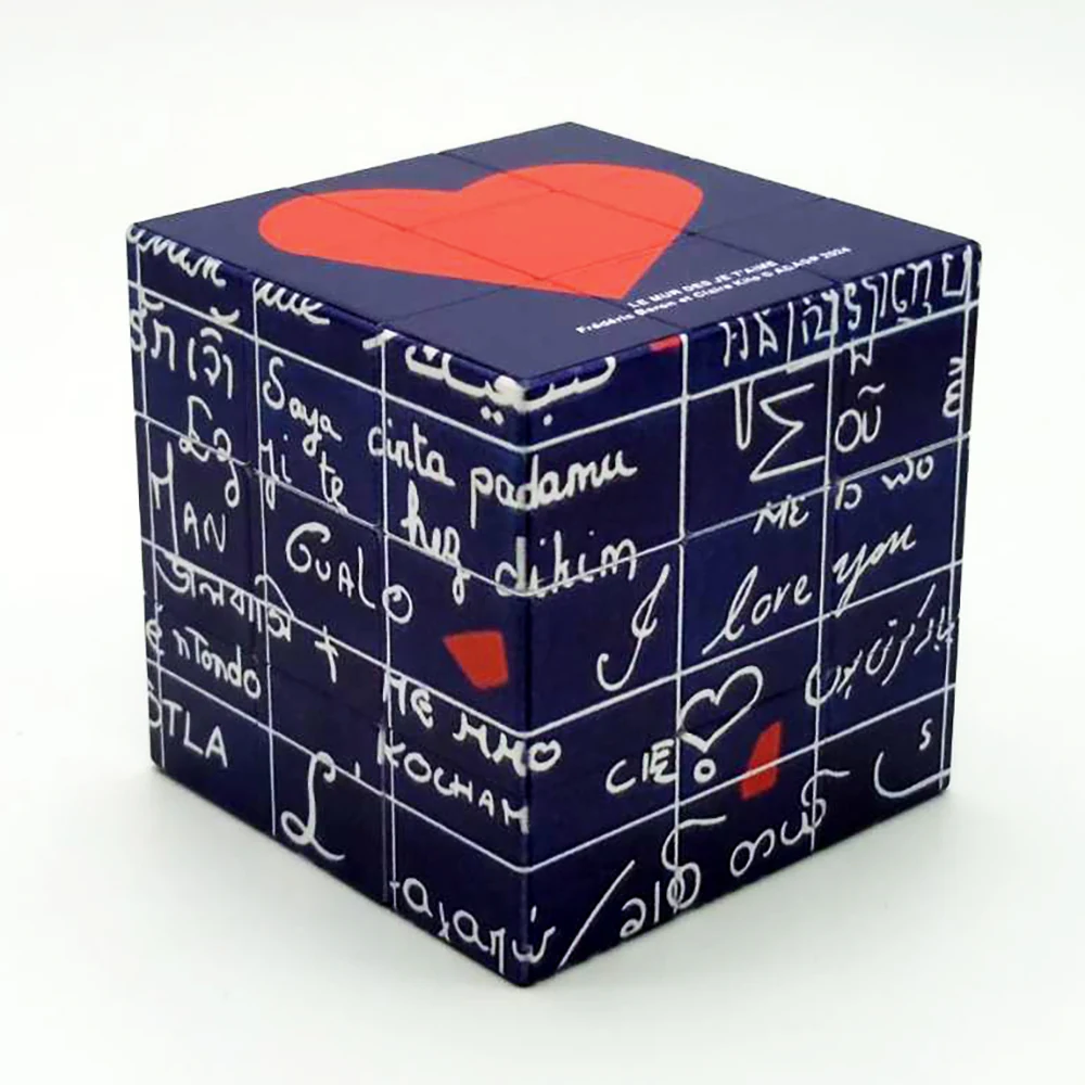 I LOVE YOU cube: white writing on blue faces and a red heart on top.