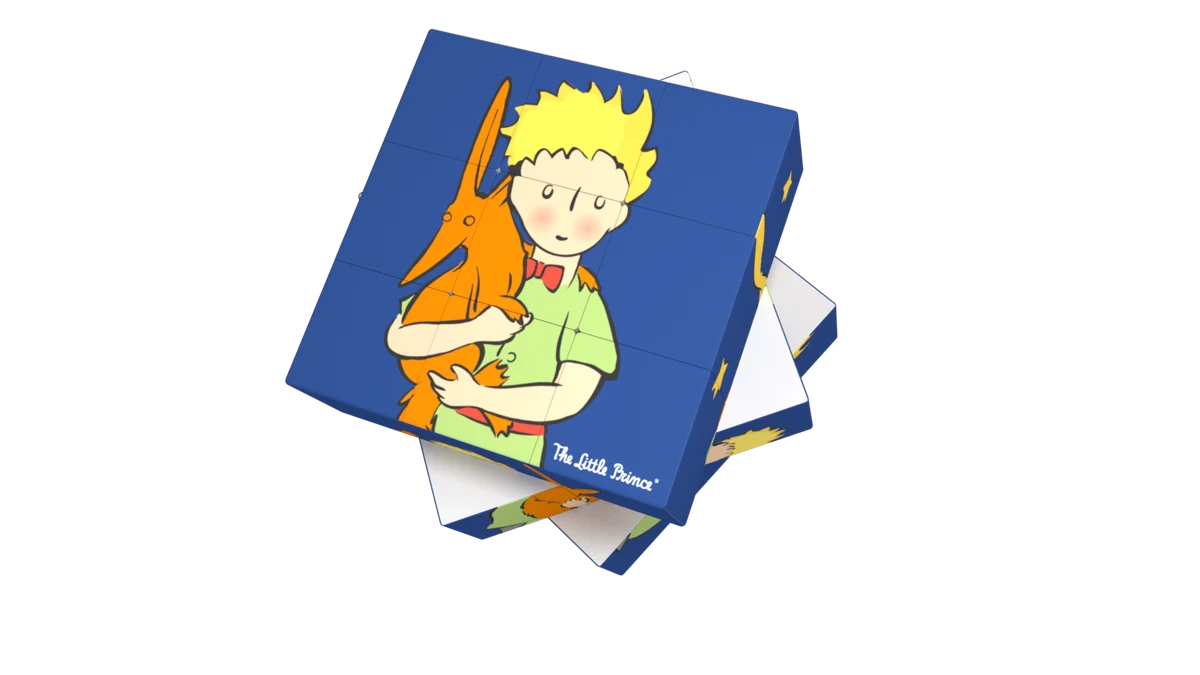 Illustration éditoriale d’un cube bleu Petit Prince avec le Renard, aux rangées décalées.