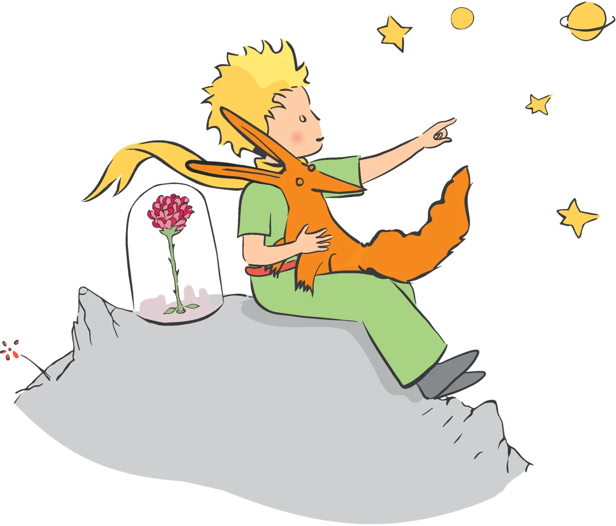 Le Petit Prince pointe le ciel, avec le Renard et la Rose à ses côtés.