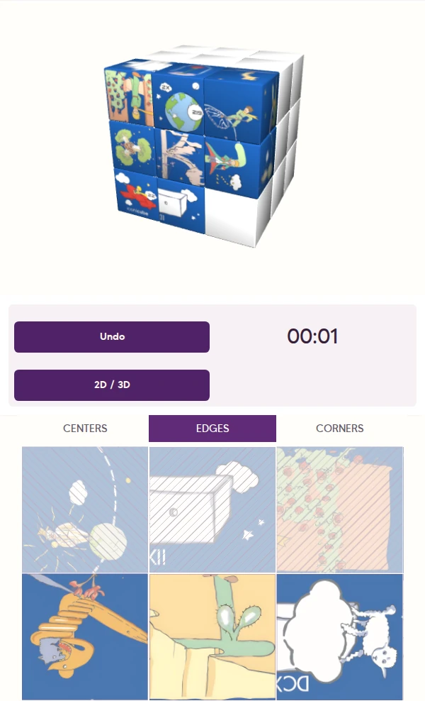 Screenshot of the KUBIKO Puzzle with eight pieces placed and partially reconstructed images.