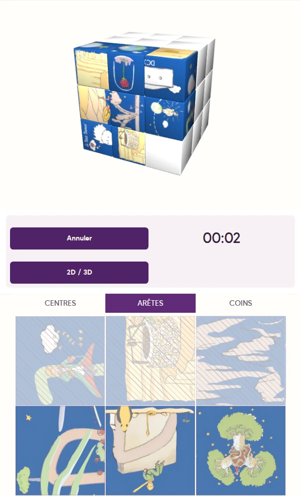 Capture du Puzzle KUBIKO avec huit pièces placées et les images partiellement reconstituées.