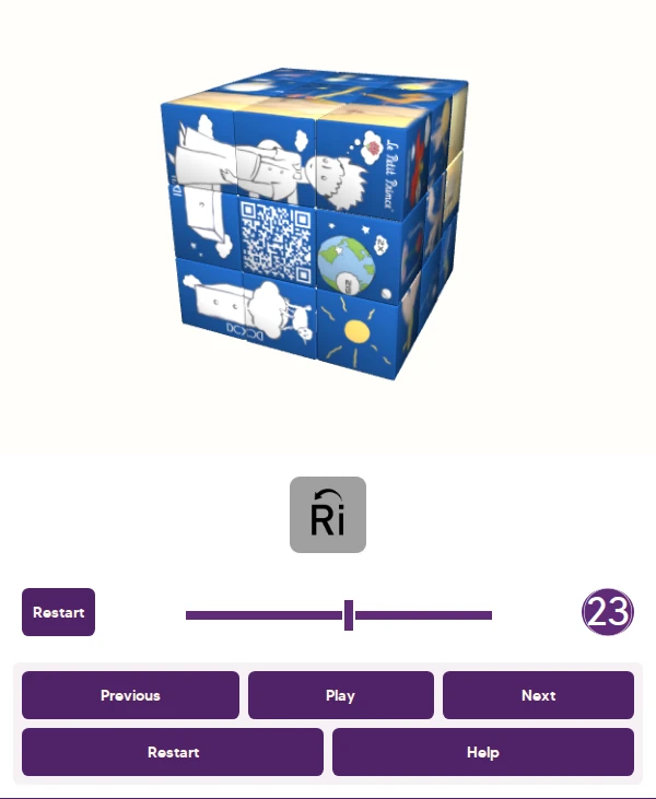 Screenshot of the KUBIKO Solver with a scrambled cube and its solution sequence.