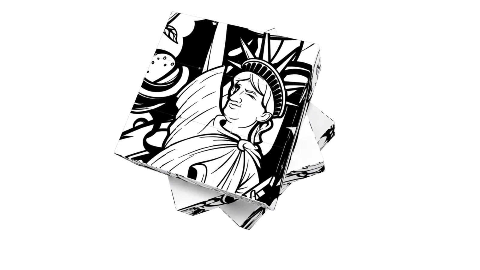 Black-and-white KUBIKO cube featuring the Statue of Liberty